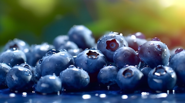 A pile of blueberries with water drops