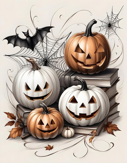 Pile of books halloween pumpkins bats and spider web illustration