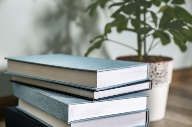 Pile of books and houseplant on floor in the room