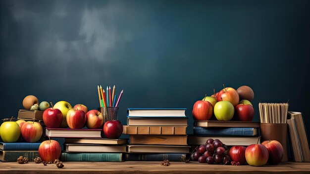 pile of books stationery and apples on a wooden table with a minimalist background