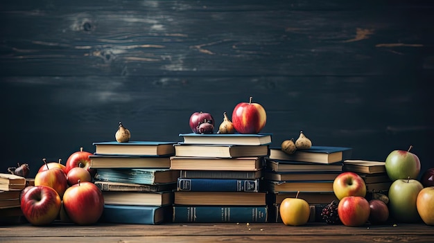 pile of books stationery and apples on a wooden table with a minimalist background