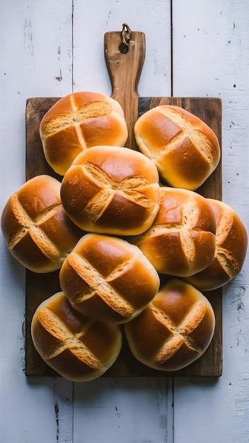 pile of bread buns on wooden cutting board on white wooden table background top view