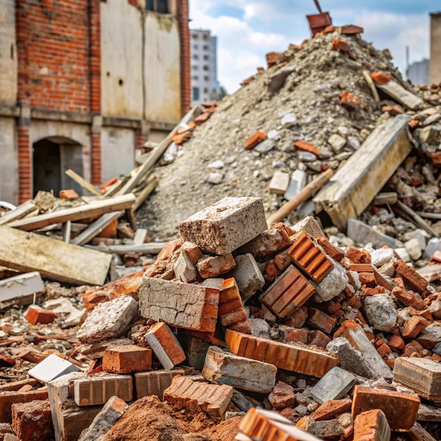 Photo a pile of bricks and a brick building with a sign that says  bricks