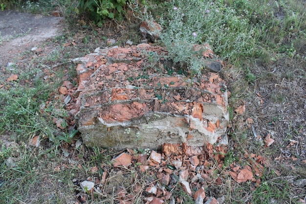 A pile of bricks in the grass