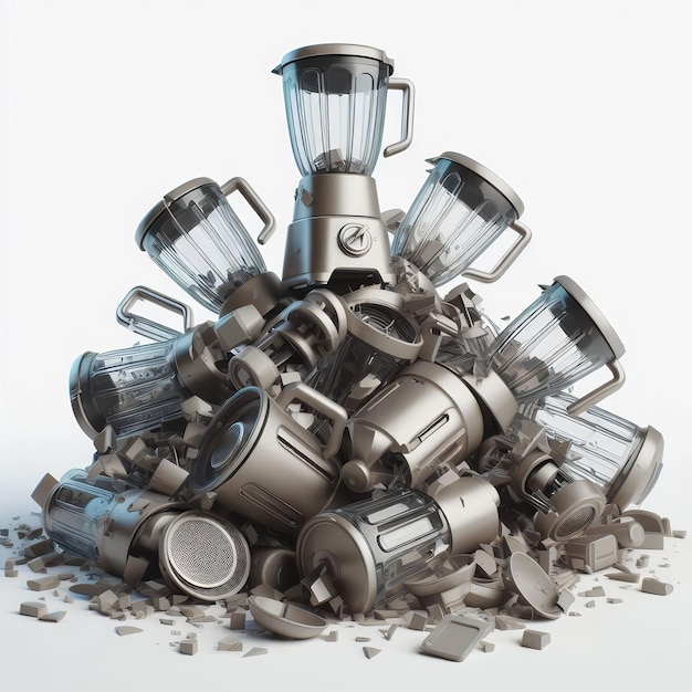 pile of broken blenders 3d white background