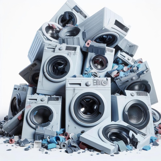 pile of broken single tub washing machines isolated on white background