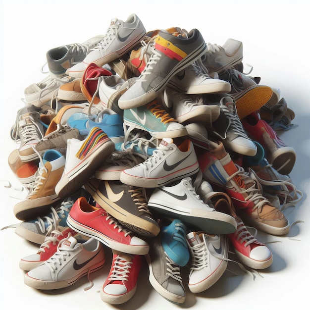 pile of broken sneakers isolated on white background