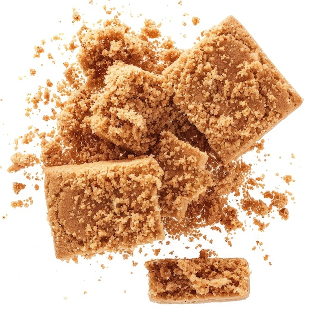 a pile of brown sugar cubes with a white background