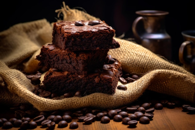 Photo pile of brownies sitting on top of wooden table generative ai