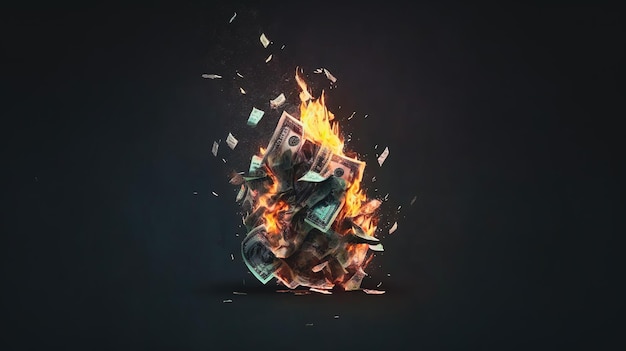 Pile of burning dollar banknotes Generative AI