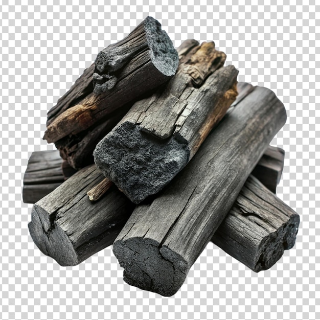 A pile of burnt wood on transparent background