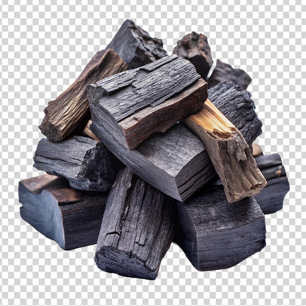 A pile of burnt wood on transparent background