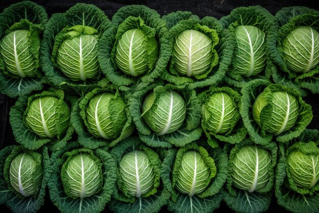 A pile of cabbages with green leaves in the middle