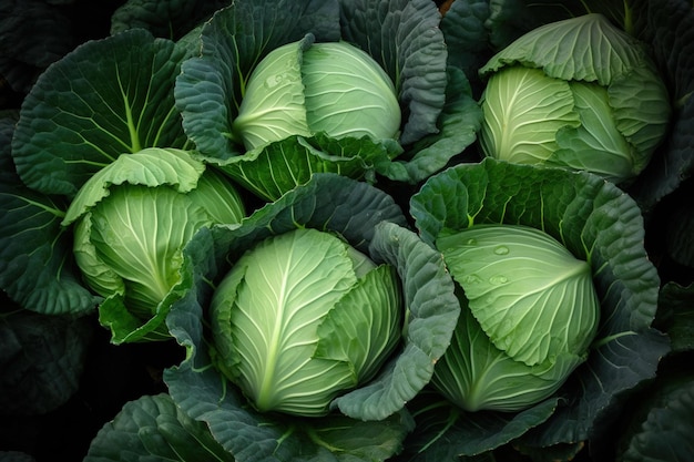 A pile of cabbages with green leaves on them