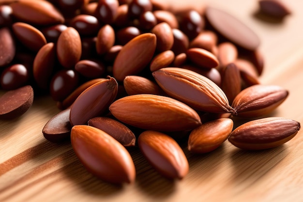 A pile of cacao beans on a wooden board