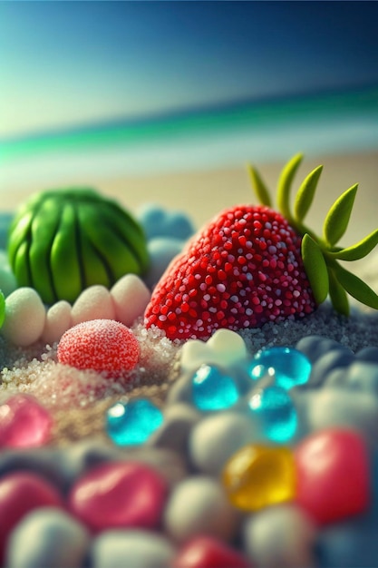 Pile of candy sitting on top of a sandy beach generative ai