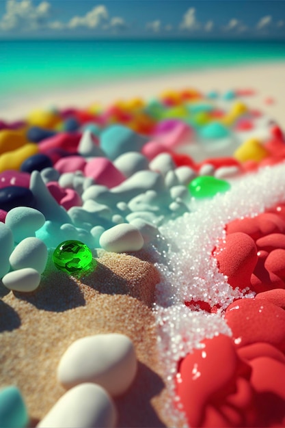 Pile of candy sitting on top of a sandy beach generative ai