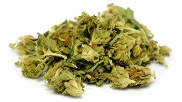 A pile of cannabis leaves on a white background