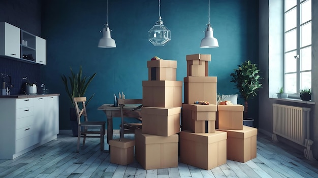 Pile of cardboard boxes on the floor in empty apartment