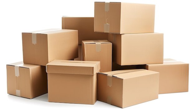 A pile of cardboard boxes stacked up on top of each other isolated on white background