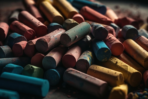 A pile of chalks that are blue, yellow, and red