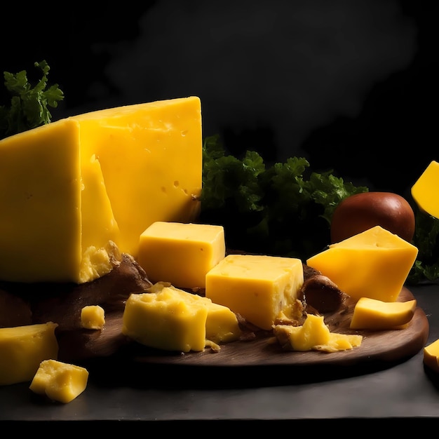 a pile of cheese and a mushroom on a table.