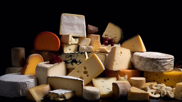 A pile of cheeses on a black background