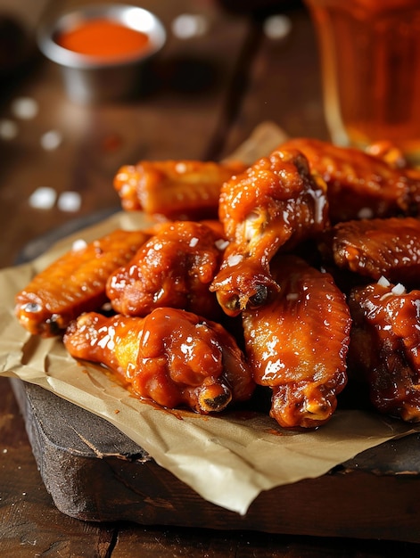 a pile of chicken wings is on a brown paper bag