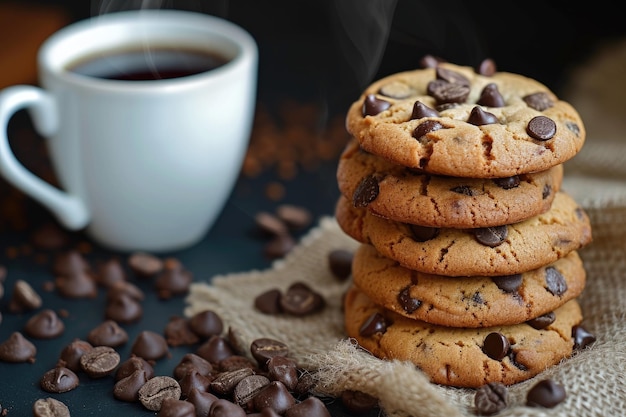 A Pile of Choco Chip Cookies and A Cup Hot Coffee