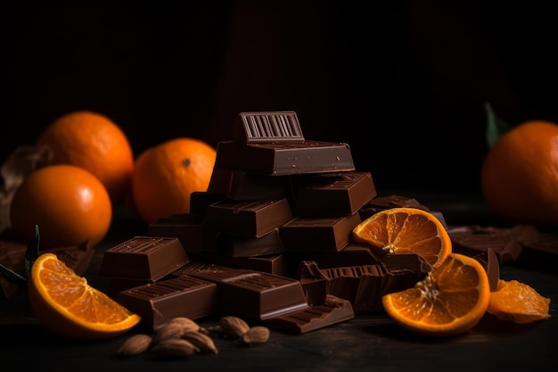 A pile of chocolate bars and oranges are on a table.