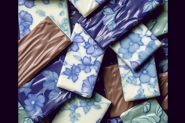 Photo a pile of chocolate bars with blue flowers on them.