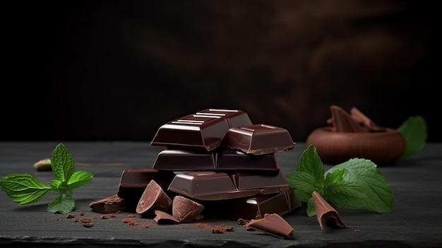 A pile of chocolate bars with mint leaves on the side