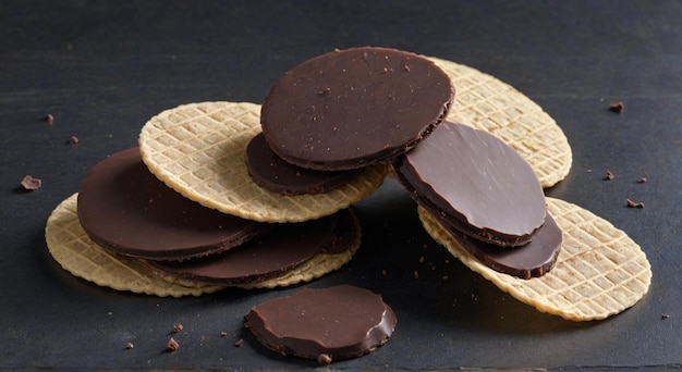 a pile of chocolate chip cookies and a pile of chocolate chips