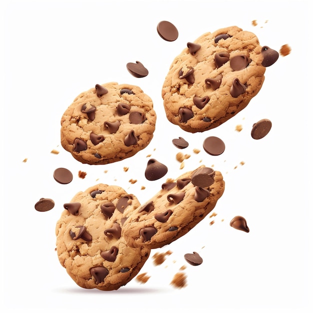 Photo a pile of chocolate chip cookies with chocolate chips falling on them