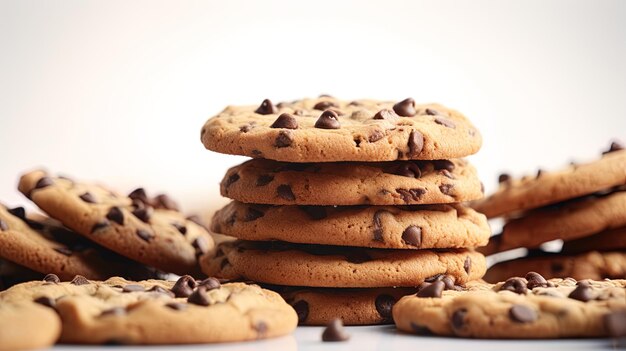 a pile of chocolate chip cookies with chocolate chips on top