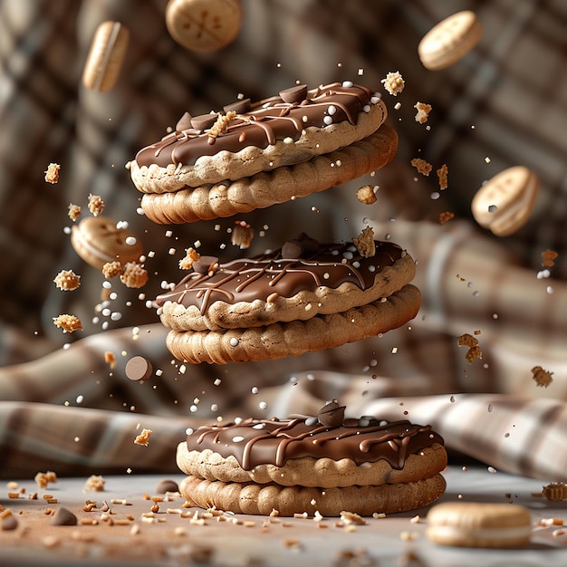 a pile of chocolate cookies with a checkered blanket