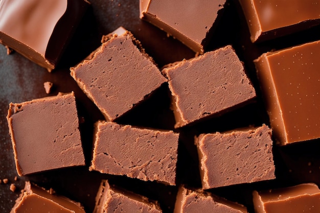 A pile of chocolate fudge with one that says'chocolate'on it