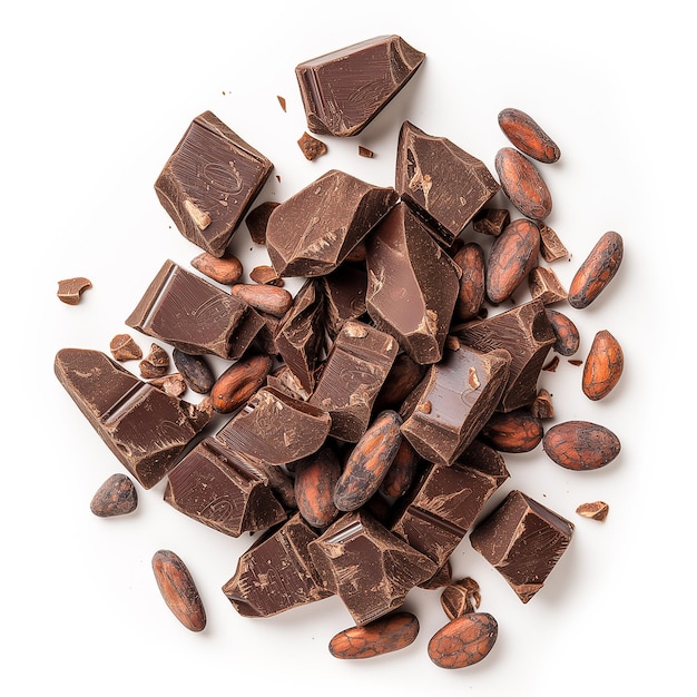 A pile of chocolate pieces and nuts on a white background