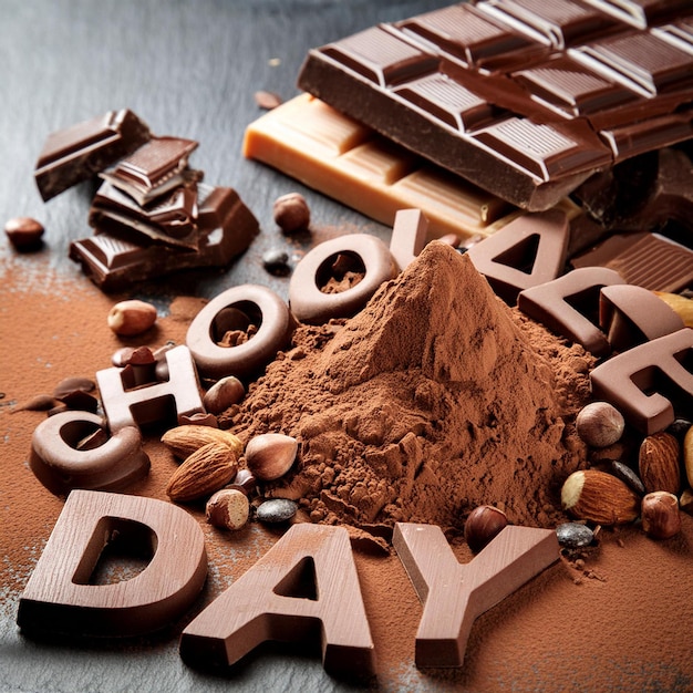 Photo a pile of chocolate with the word day on it