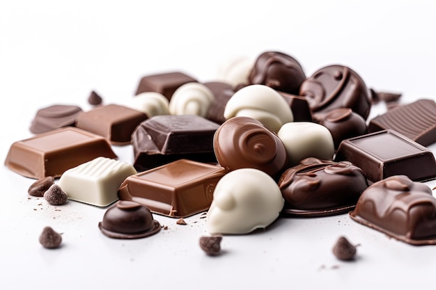 A pile of chocolates on a white background