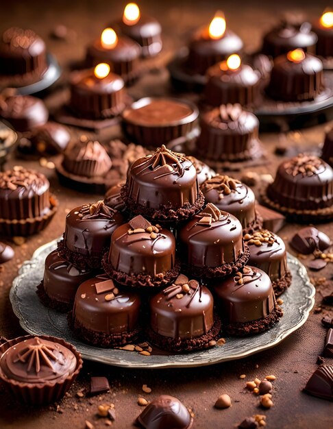 a pile of chocolates with the word chocolate on them