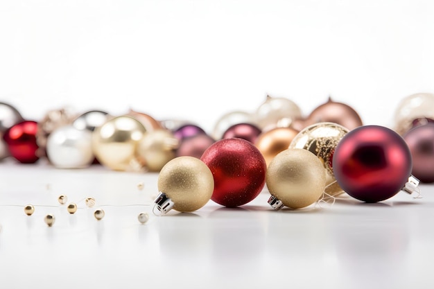 A pile of christmas ornaments on a white background