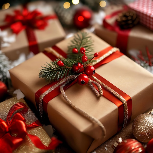 a pile of christmas presents with a christmas tree in the background