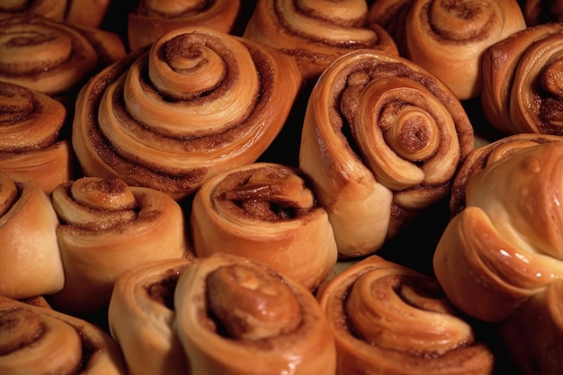 A pile of cinnamon rolls sitting next to each other generative AI