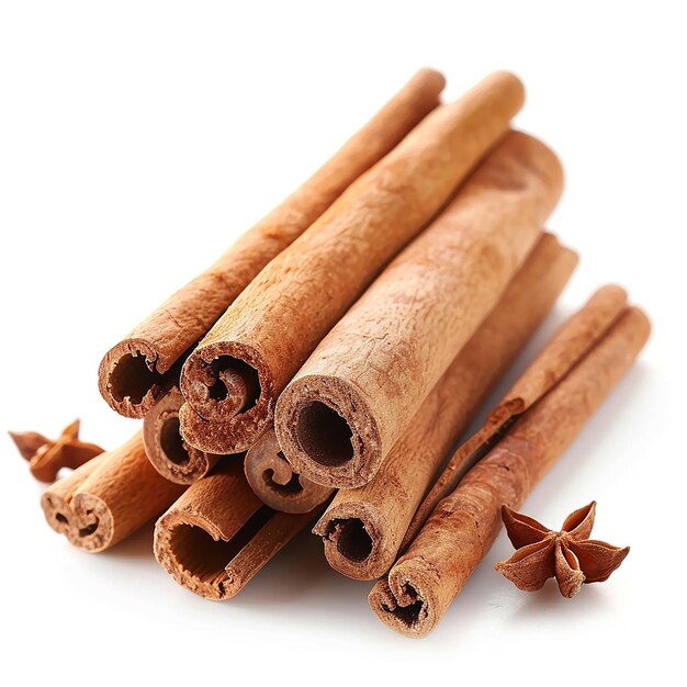 Photo a pile of cinnamon sticks with a star shaped leaf on top