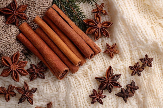 Photo a pile of cinnamon sticks with star shaped stars on it