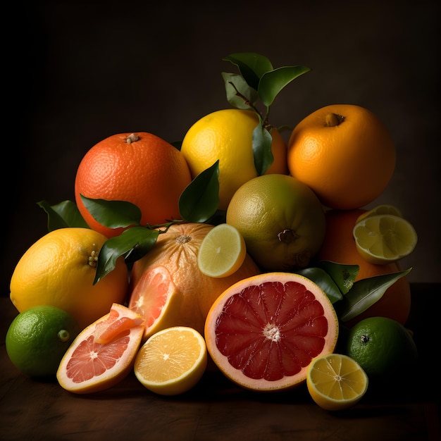 A pile of citrus fruits with green leaves on the bottom.