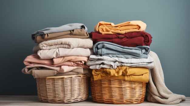 A pile of clean clothes and a wicker basket with clean cloths isolated on a transparent background