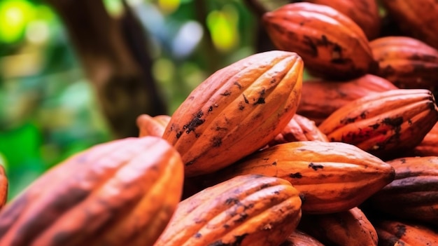 A pile of cocoa beans with the word cocoa on the side