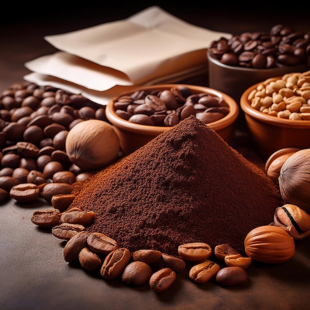 a pile of coffee beans and coffee beans are on a table